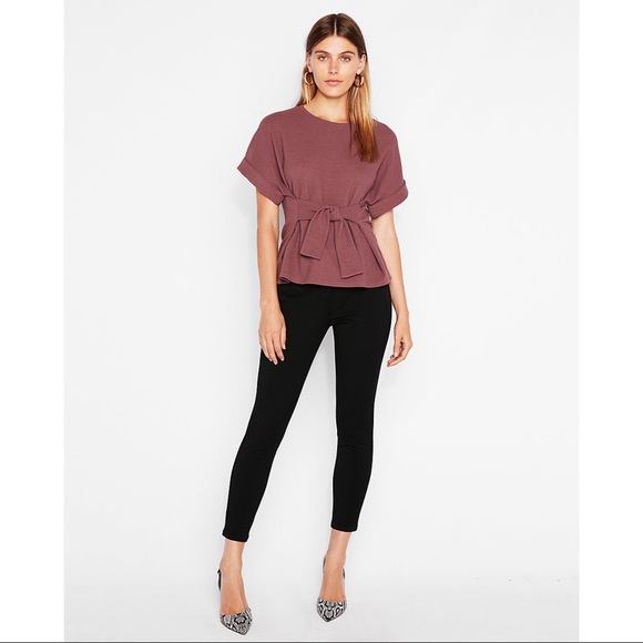 EXPRESS Textured Tie Waist Rolled Sleeve Tee in Thornberry - Picture 12 of 12